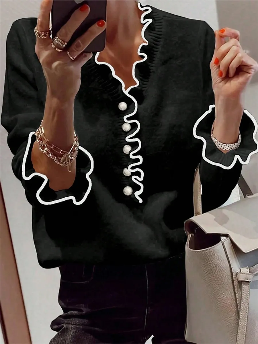 Chic Ruffled V-Neck Sweater with Pearl Buttons and Contrasting Details
