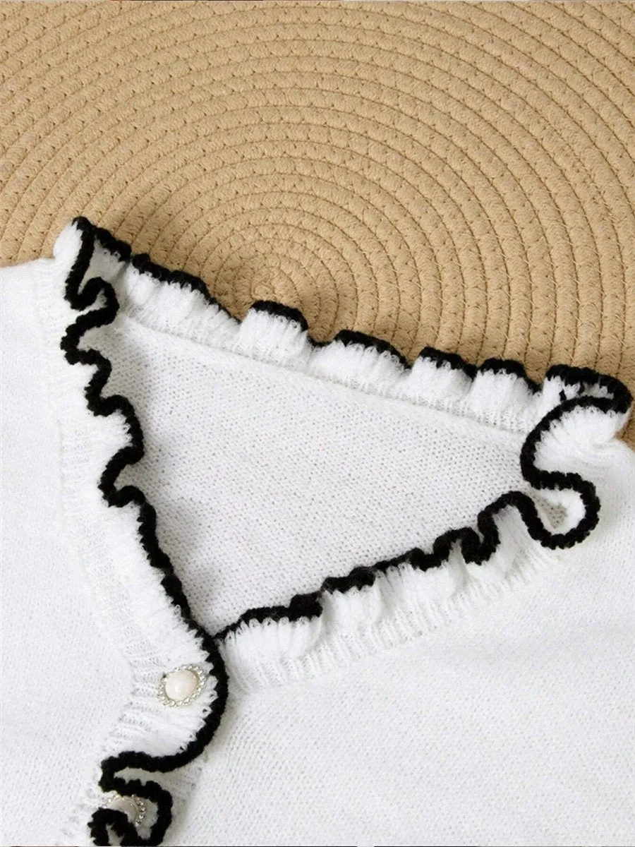 Chic Ruffled V-Neck Sweater with Pearl Buttons and Contrasting Details