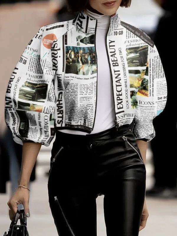 Chicmy-Loose Puff Sleeves Letter Print Stand Collar Outerwear