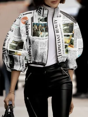 Chicmy-Loose Puff Sleeves Letter Print Stand Collar Outerwear