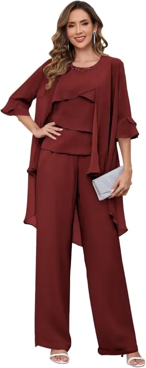 Chiffon Mother of The Bride Pant Suits for Women with Sleeves 3 Pieces Ruffle Layers Crew Neck Evening Outfit