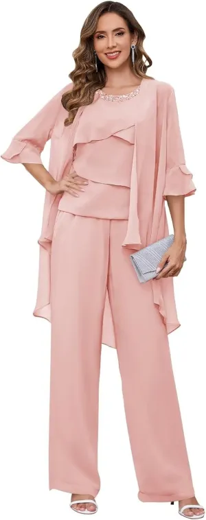 Chiffon Mother of The Bride Pant Suits for Women with Sleeves 3 Pieces Ruffle Layers Crew Neck Evening Outfit