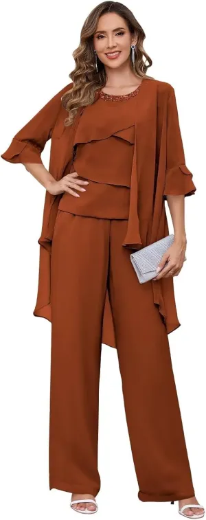 Chiffon Mother of The Bride Pant Suits for Women with Sleeves 3 Pieces Ruffle Layers Crew Neck Evening Outfit
