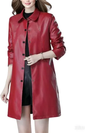 chouyatou Women's Elegant Collared Single Breasted Pu Faux Leather Jacket Trench Coat with Pockets