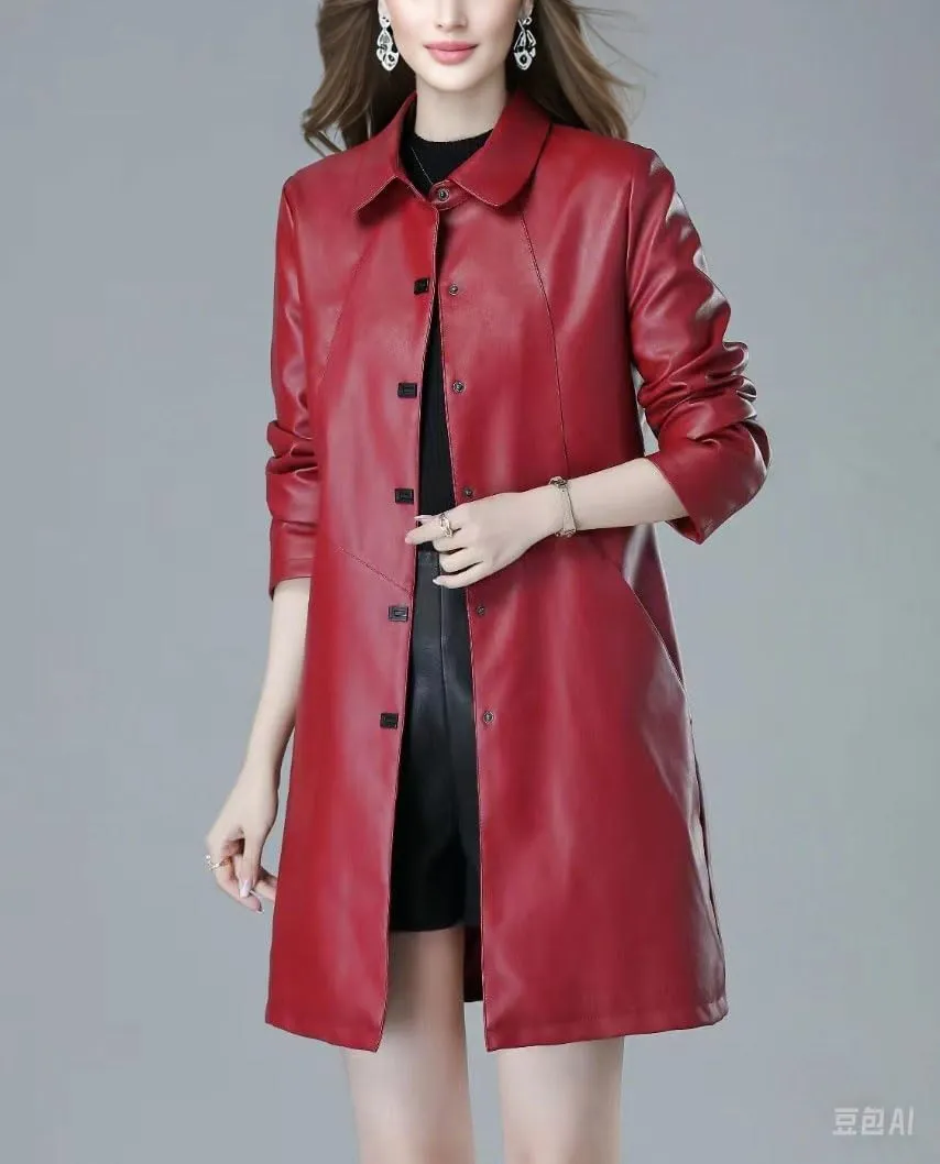 chouyatou Women's Elegant Collared Single Breasted Pu Faux Leather Jacket Trench Coat with Pockets