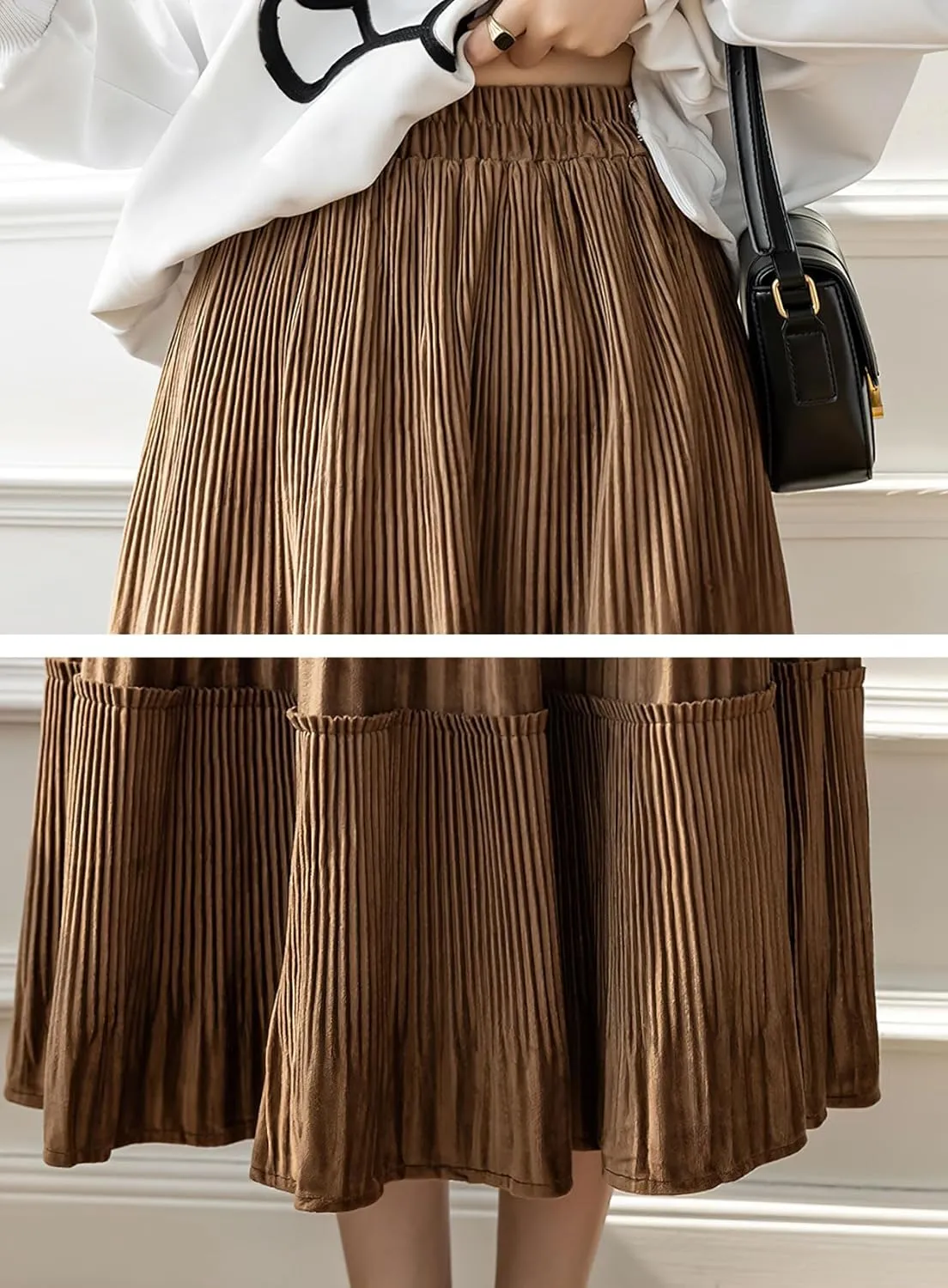 chouyatou Women's Fall Winter Velvet Ruffle Hem Skirt High Elastic Waist Pleated Swing Midi Long Skirt