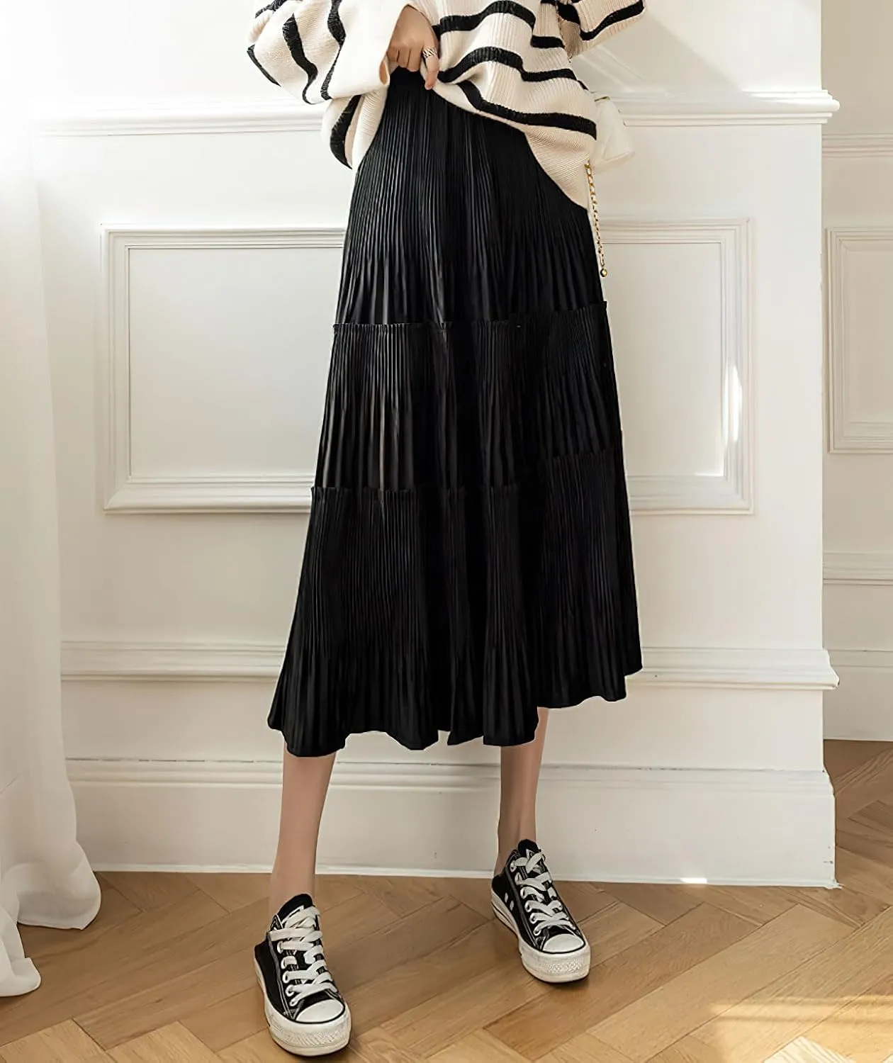 chouyatou Women's Fall Winter Velvet Ruffle Hem Skirt High Elastic Waist Pleated Swing Midi Long Skirt
