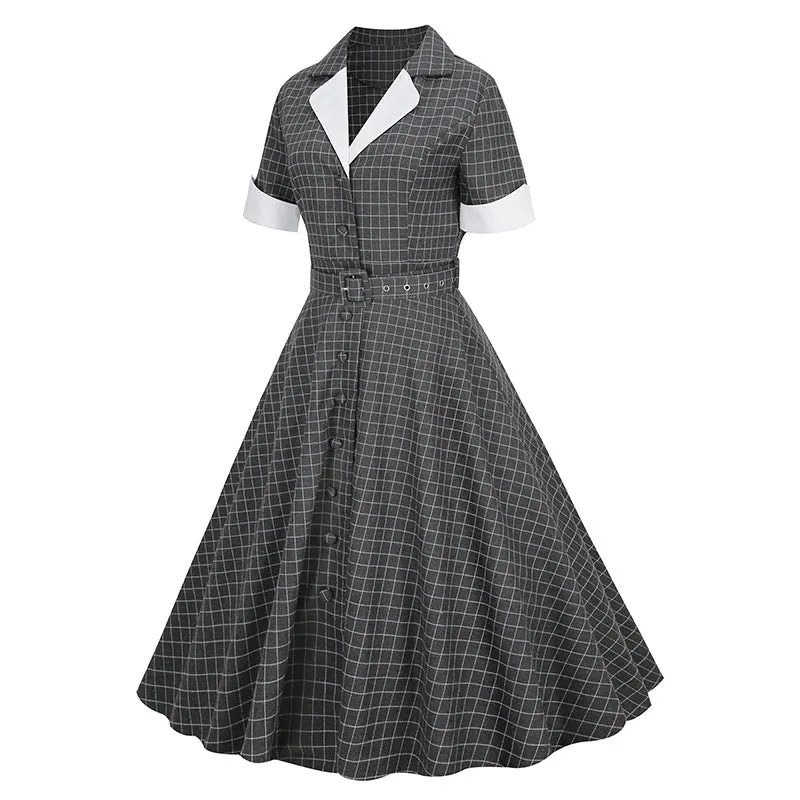 Cotton Front Buttons Women's Dresses Short-sleeved Splicing Retro Dress