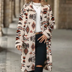 Cozy Winter Boho Chic Aztec print women's long line coat | Women's outerwear | Long Overcoat