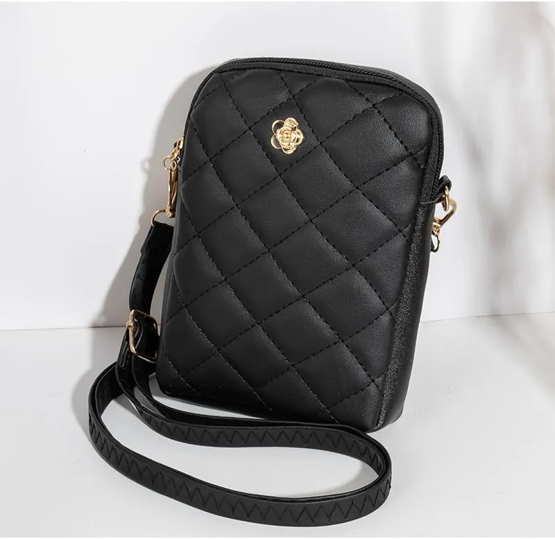 Cute Quilted Phone Crossbody Shoulder Purse with Exquisite Stitching Comfortable PU Leather Cellphone Wallet Bag