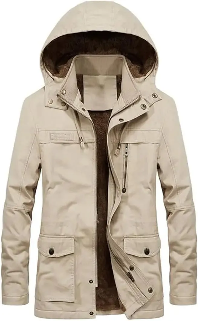Dbdkejj Man Thick Warmjacket Winter Parkas Casual Cotton Padded Multi-Pocket Hoodies Coat