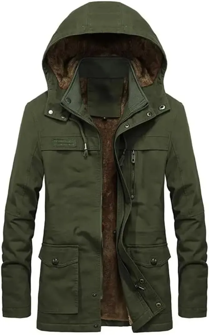 Dbdkejj Man Thick Warmjacket Winter Parkas Casual Cotton Padded Multi-Pocket Hoodies Coat