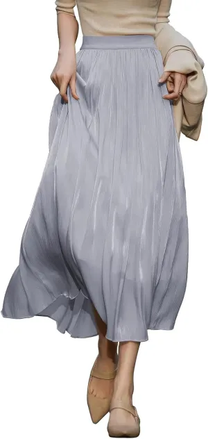 ebossy Women's Summer Elegant Shiny Lustrous Midi Skirt Elastic Waist Pleated Flowy Swing A-line Skirts