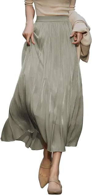 ebossy Women's Summer Elegant Shiny Lustrous Midi Skirt Elastic Waist Pleated Flowy Swing A-line Skirts