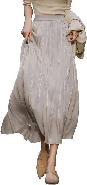 ebossy Women's Summer Elegant Shiny Lustrous Midi Skirt Elastic Waist Pleated Flowy Swing A-line Skirts