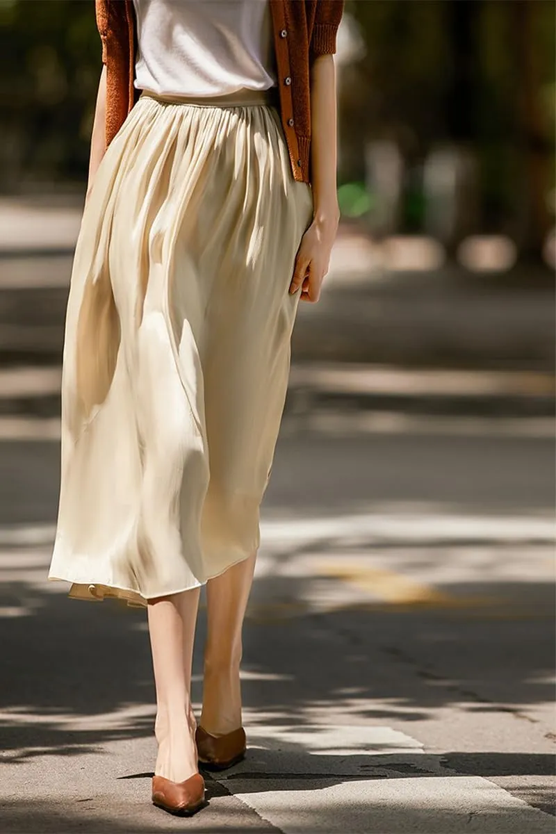 ebossy Women's Summer Elegant Shiny Lustrous Midi Skirt Elastic Waist Pleated Flowy Swing A-line Skirts
