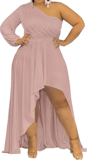 Ekaliy Women's Plus Size One Shoulder Maxi Dress Long Sleeve High Low Irregular Hem Flowy Long Party Cocktail Dress
