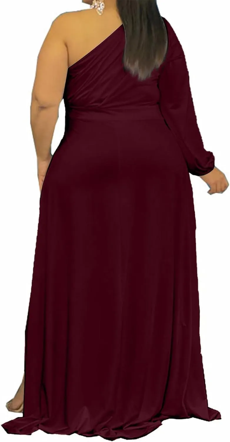Ekaliy Women's Plus Size One Shoulder Maxi Dress Long Sleeve High Low Irregular Hem Flowy Long Party Cocktail Dress