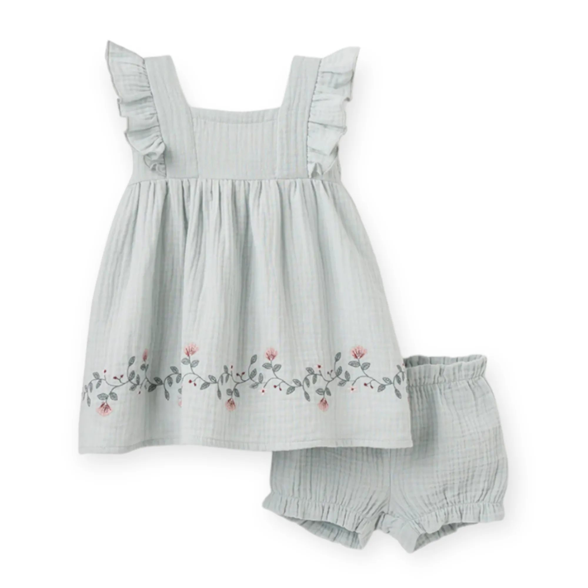 Elegant Baby Embroidered Muslin Dress w/ Bloomer ~ Pale Aqua