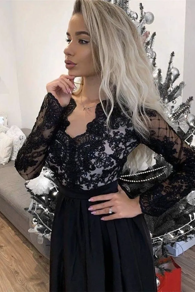 Elegant Black Long Sleeve Split Prom Gown