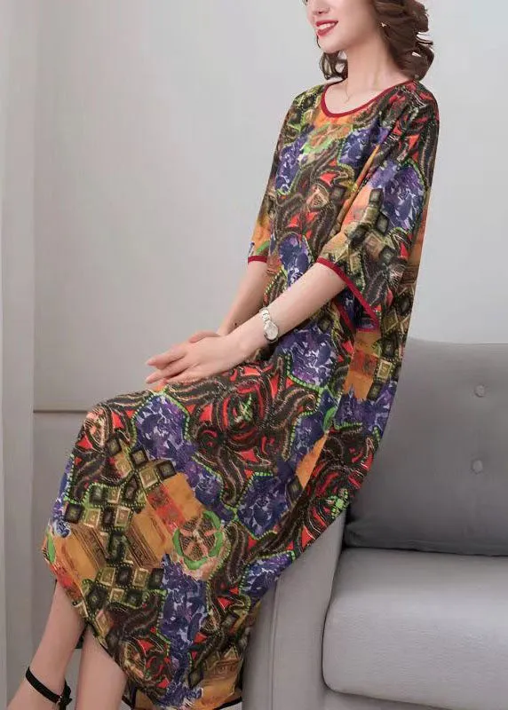 Elegant Colorblock O Neck Print Patchwork Chiffon Dress Summer