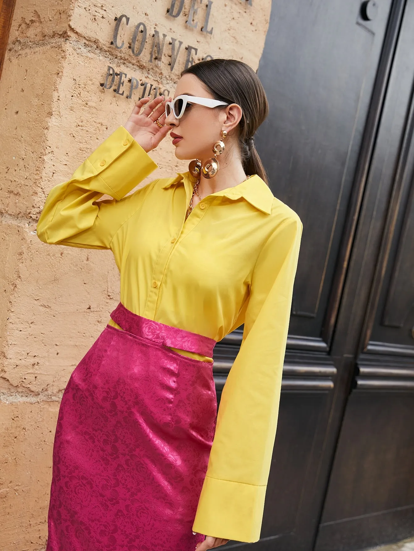 Elegant Colorblock Split Long Sleeve Collar Women Two-Piece Outfits