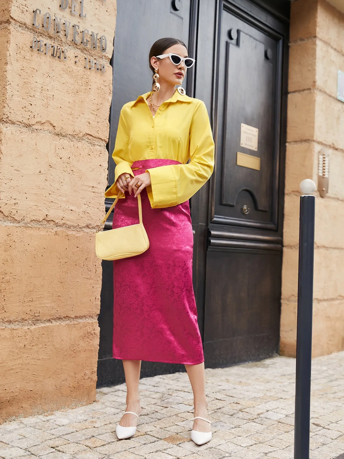 Elegant Colorblock Split Long Sleeve Collar Women Two-Piece Outfits