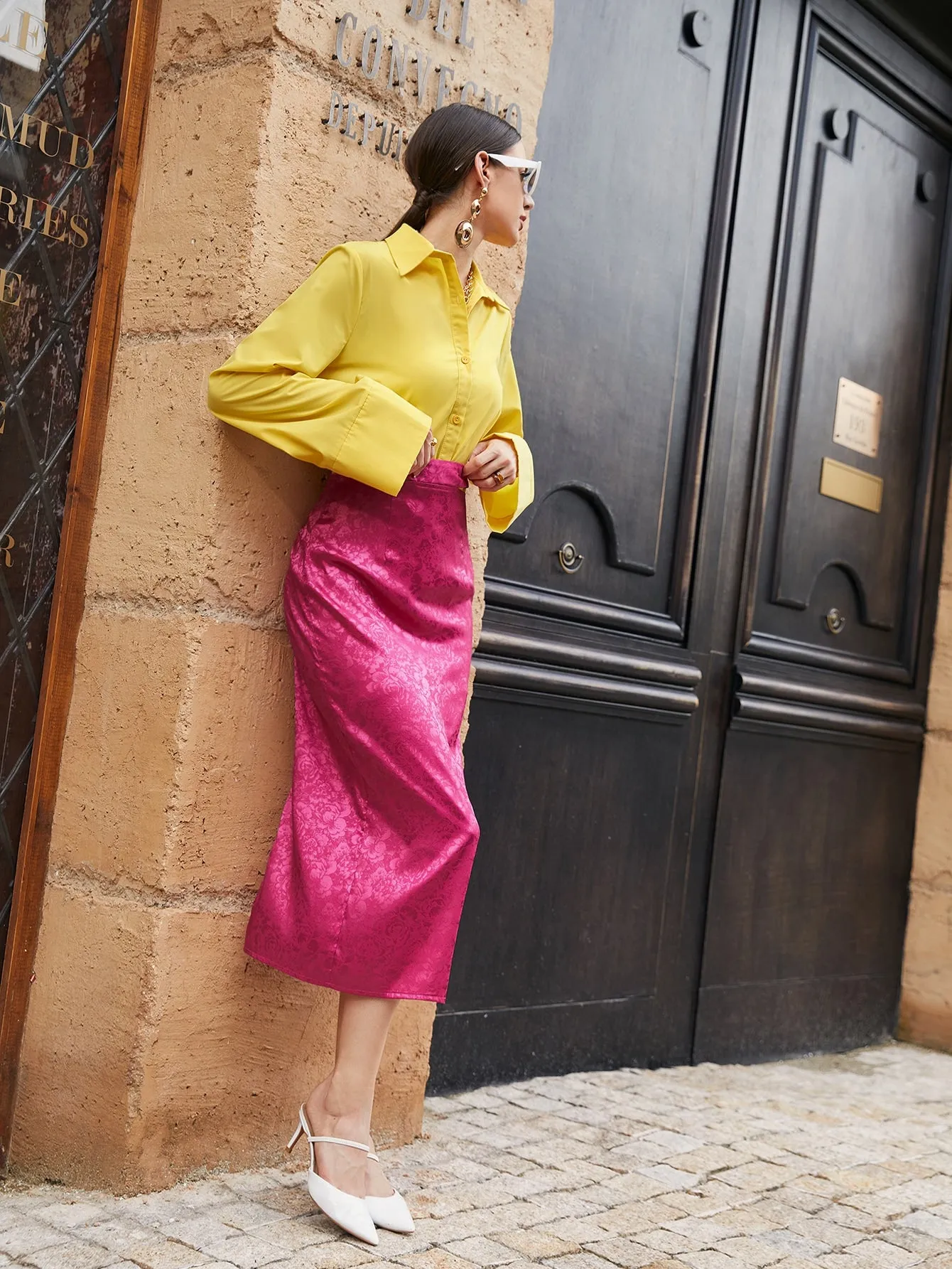 Elegant Colorblock Split Long Sleeve Collar Women Two-Piece Outfits