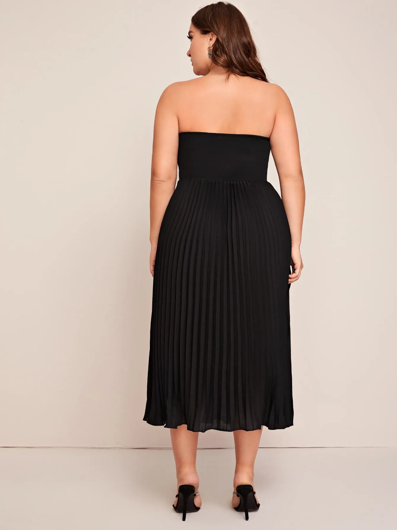 Elegant Plain Zipper Sleeveless Strapless Pleated High Waist Long Plus Size Dress