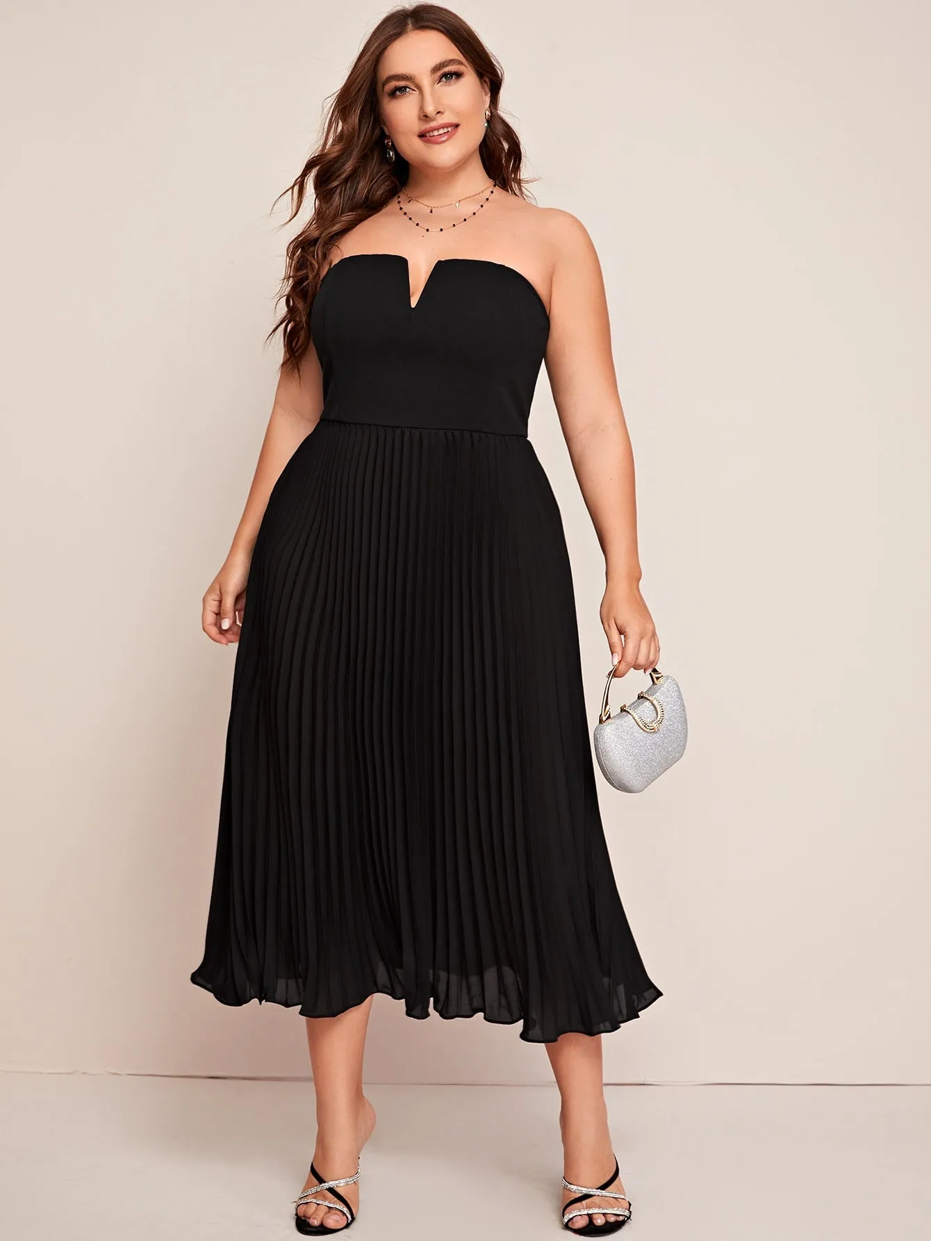 Elegant Plain Zipper Sleeveless Strapless Pleated High Waist Long Plus Size Dress