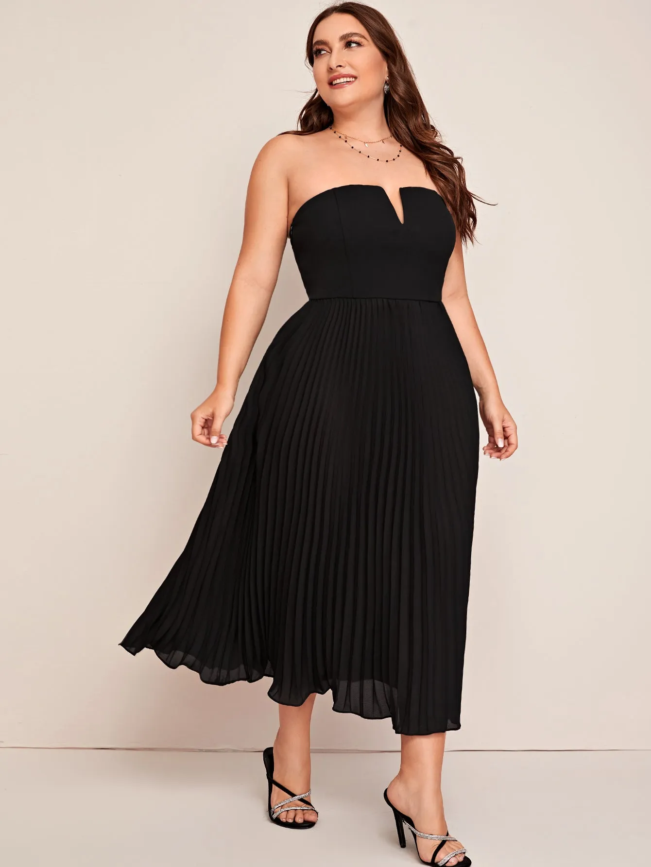 Elegant Plain Zipper Sleeveless Strapless Pleated High Waist Long Plus Size Dress