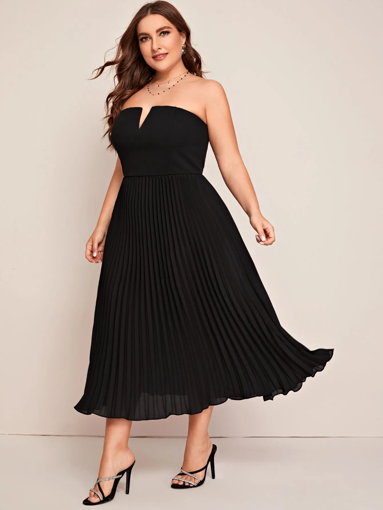 Elegant Plain Zipper Sleeveless Strapless Pleated High Waist Long Plus Size Dress
