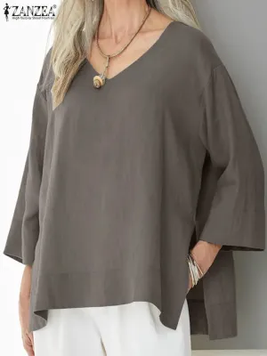 Elegant Split Hem Tops Women Summer ZANZEA Blouse Tunic Casual 3/4 Sleeve Blusas Female O neck V Neck Chemise Oversized 2XL S2312259