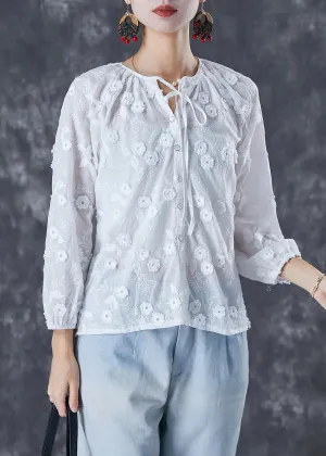 Elegant White Embroideried Floral Lace Up Cotton Tops Fall ML3058