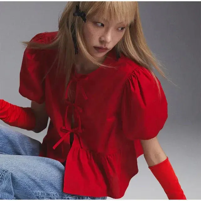 Ellinor | Blouse With Puff Sleeves And Bow Detail