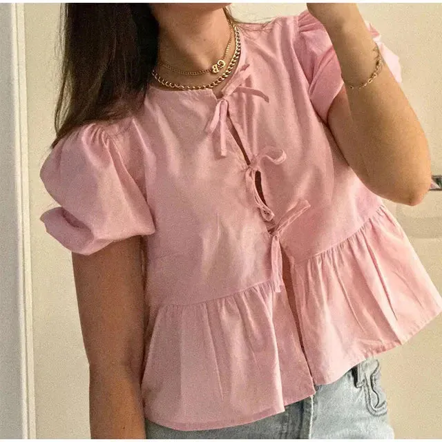 Ellinor | Blouse With Puff Sleeves And Bow Detail