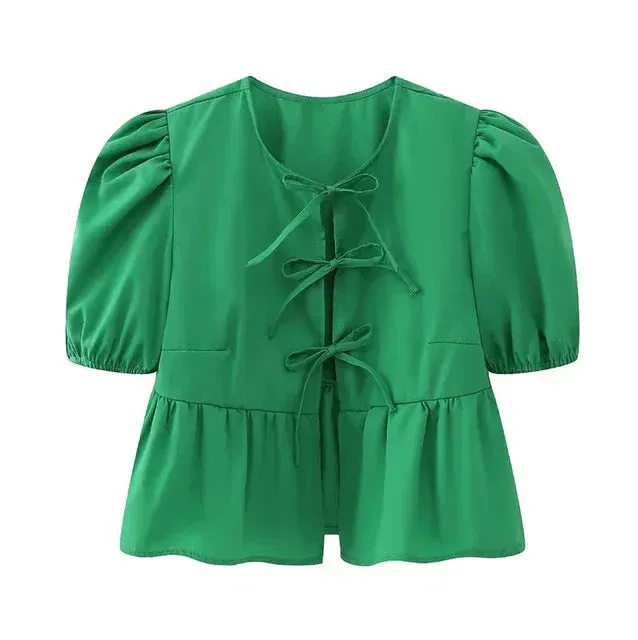 Ellinor | Blouse With Puff Sleeves And Bow Detail