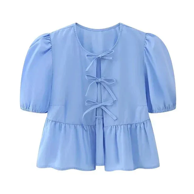 Ellinor | Blouse With Puff Sleeves And Bow Detail