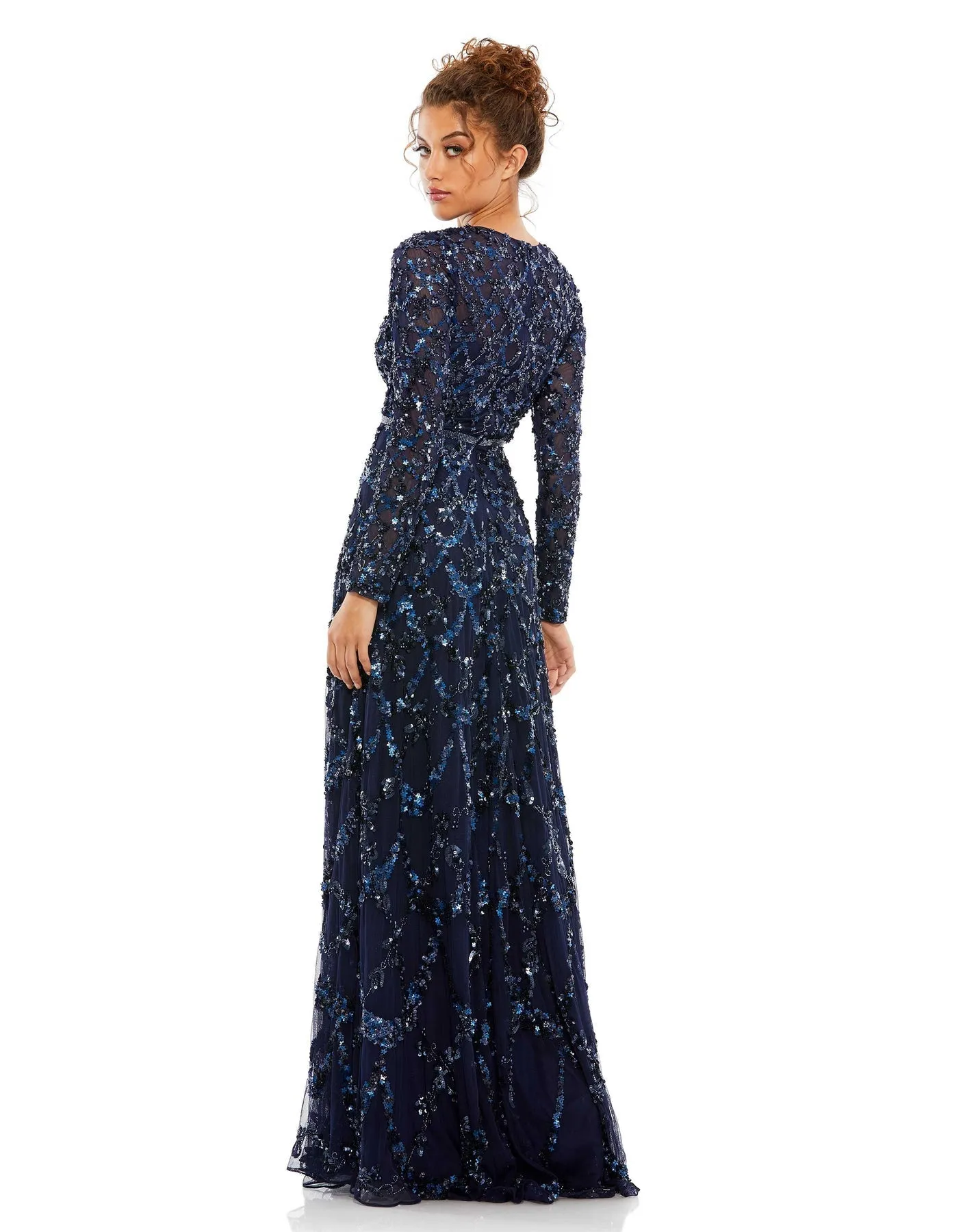 Embellished high neck long sleeve A-line modest gown - Charcoal