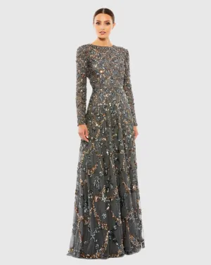 Embellished high neck long sleeve A-line modest gown - Charcoal