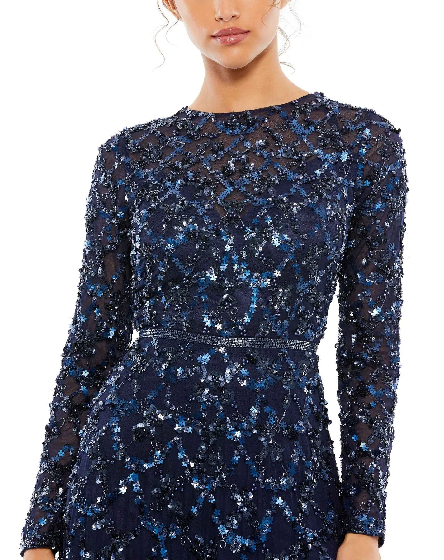 Embellished high neck long sleeve A-line modest gown - Charcoal