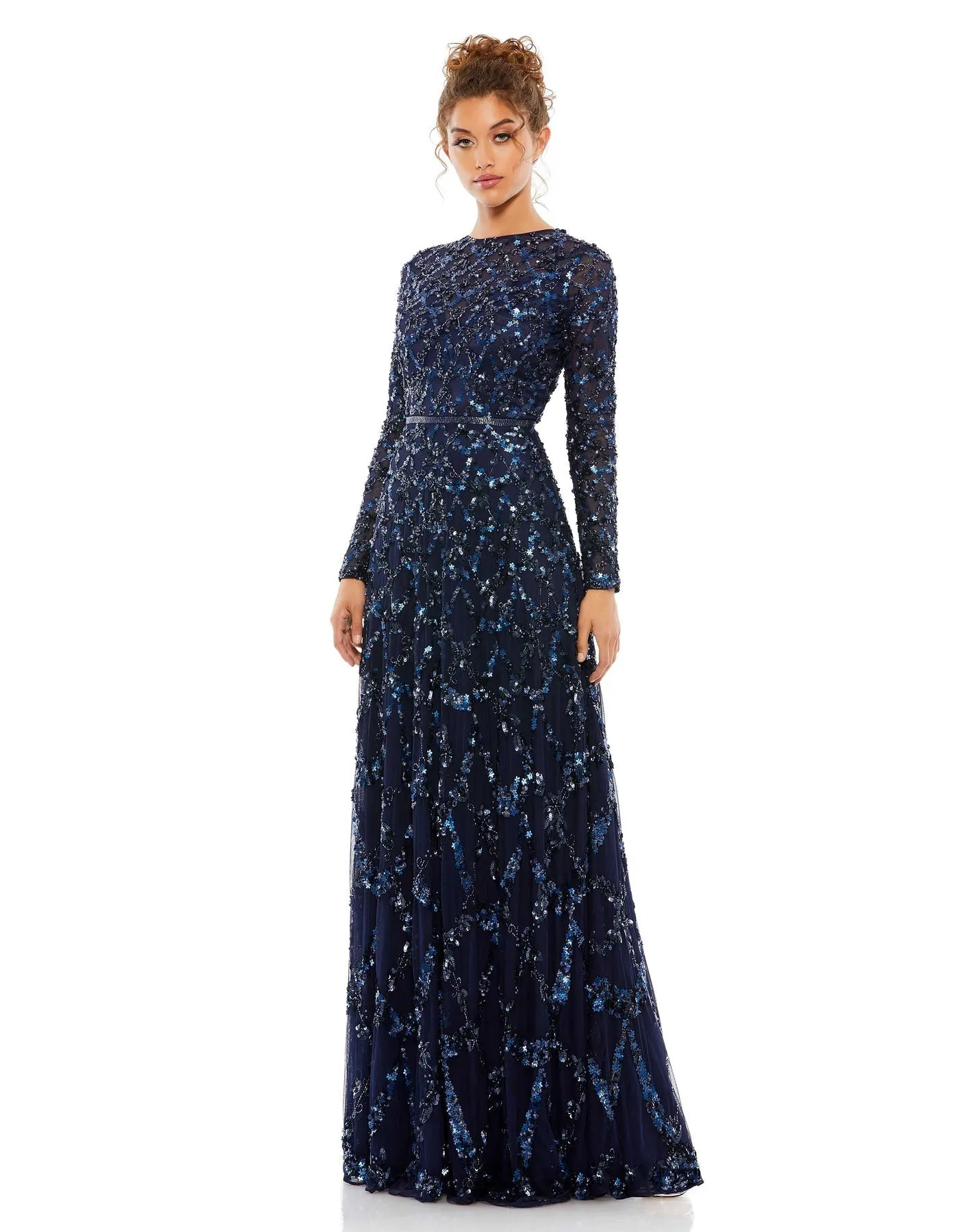 Embellished high neck long sleeve A-line modest gown - Charcoal