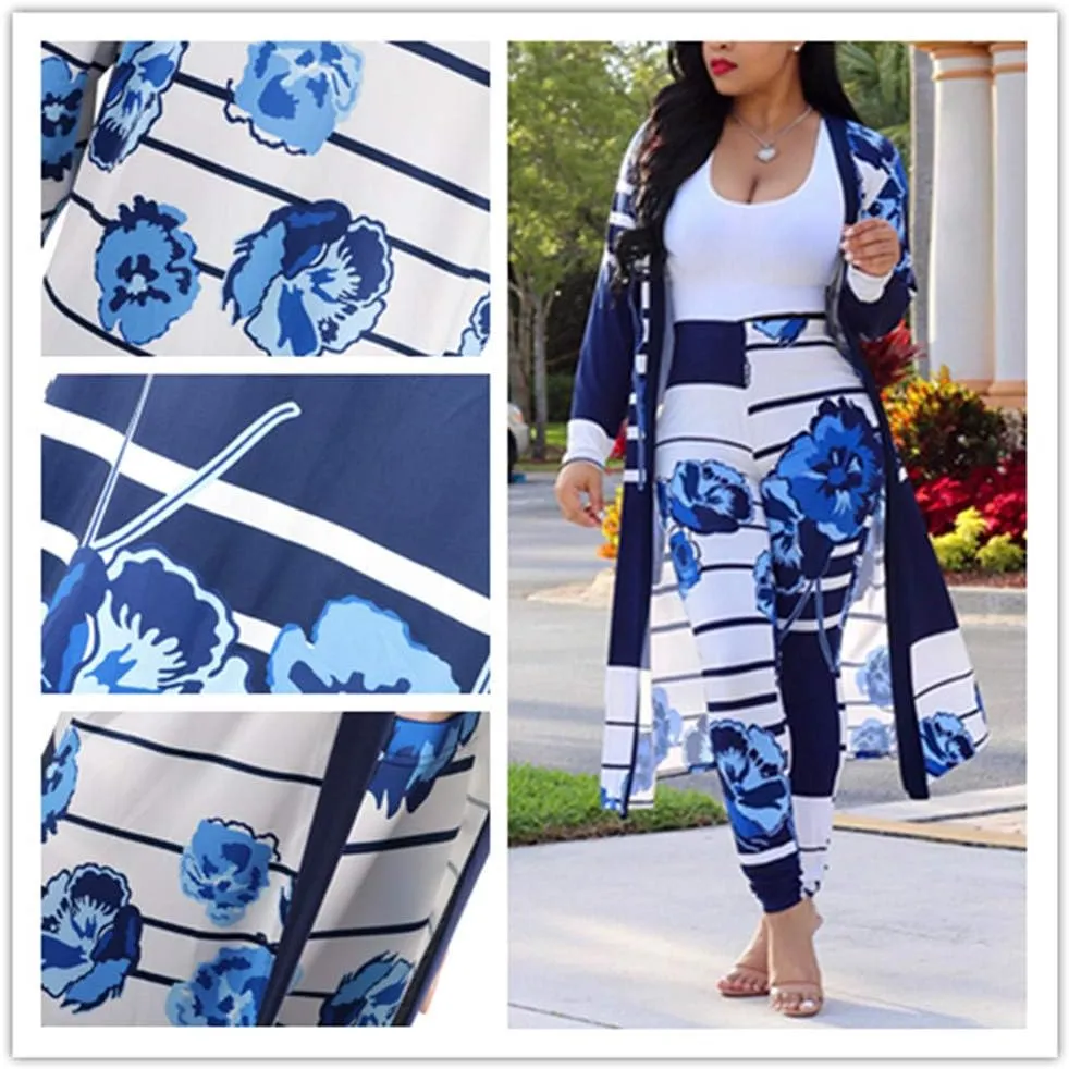 ENLACHIC Women Floral Print Long Sleeve Cardigan Cover up Long Pants 2 Piece Outfits Set
