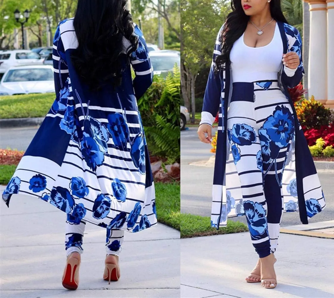 ENLACHIC Women Floral Print Long Sleeve Cardigan Cover up Long Pants 2 Piece Outfits Set