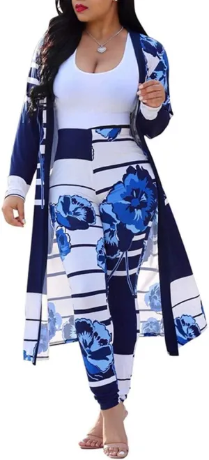 ENLACHIC Women Floral Print Long Sleeve Cardigan Cover up Long Pants 2 Piece Outfits Set