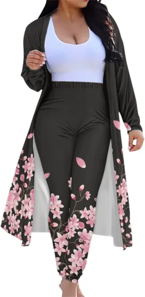 ENLACHIC Women Floral Print Long Sleeve Cardigan Cover up Long Pants 2 Piece Outfits Set