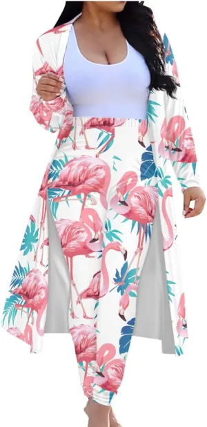 ENLACHIC Women Floral Print Long Sleeve Cardigan Cover up Long Pants 2 Piece Outfits Set