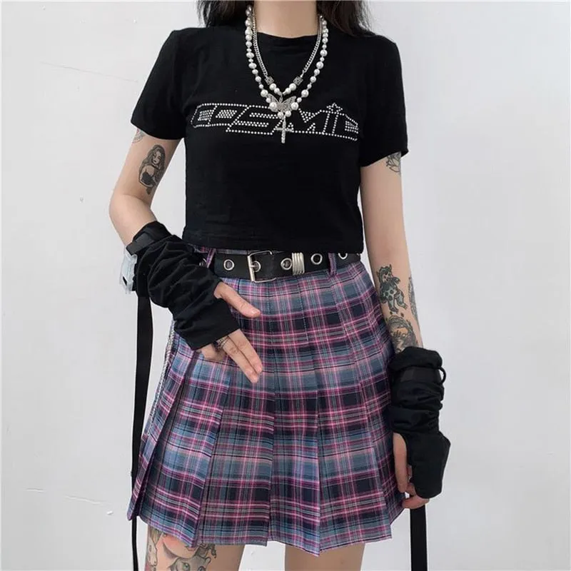 'Enter the Zone' High Waist Purple Grunge Plaid Skirt