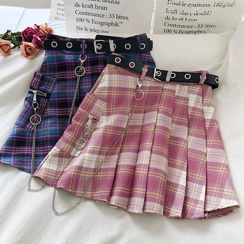 'Enter the Zone' High Waist Purple Grunge Plaid Skirt
