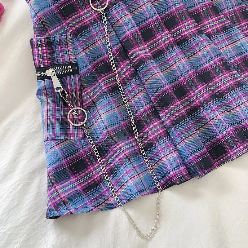 'Enter the Zone' High Waist Purple Grunge Plaid Skirt